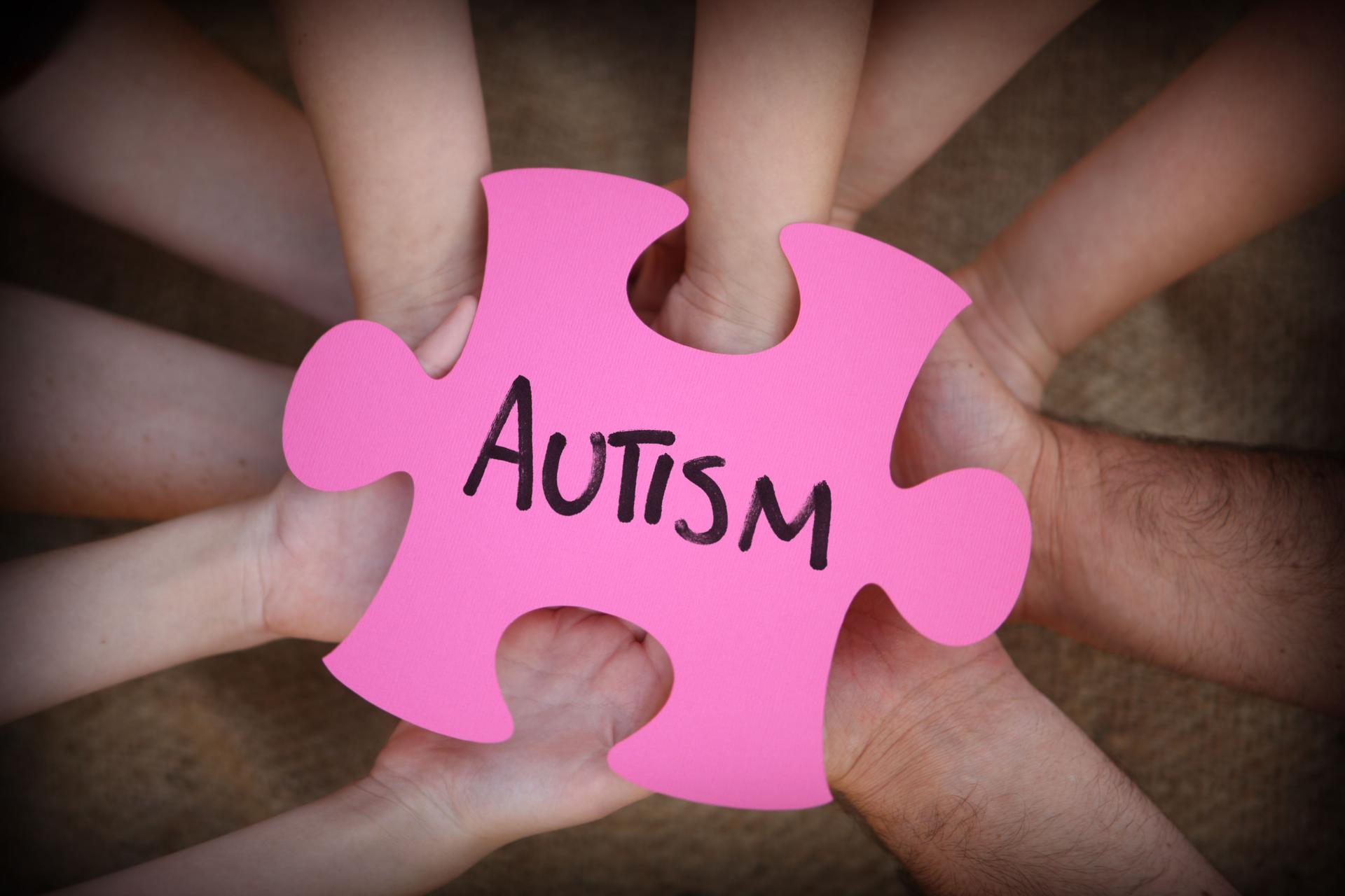 Autism on Pink Jigsaw Puzzle Piece in Group's Hands